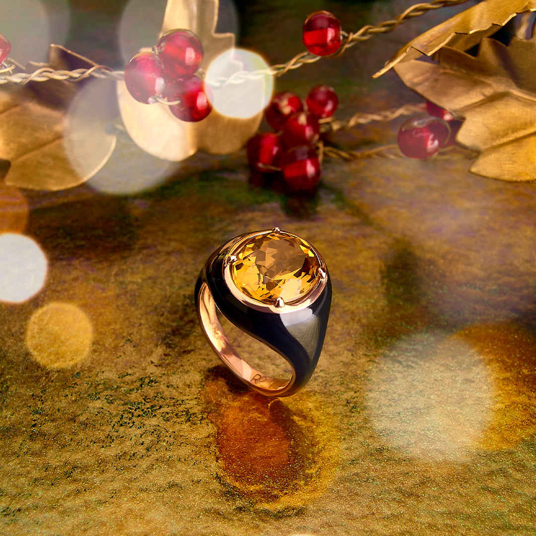 Anello Mon Chevalier - Smalto nero e pietra Citrino