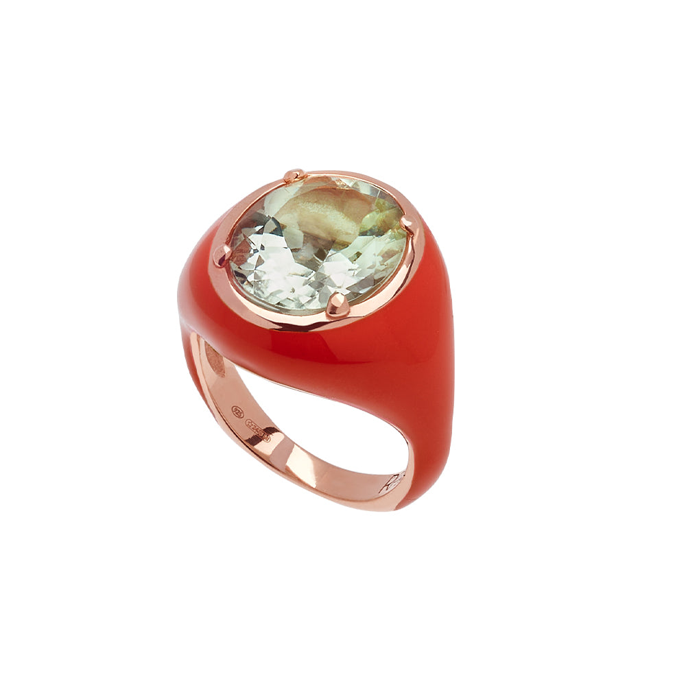 Anello Mon Chevalier - Smalto rosso corallo e pietra Ametista Verde