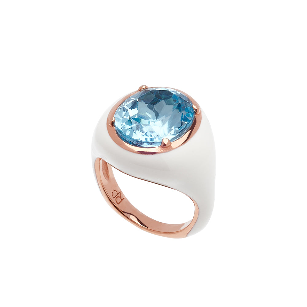 Anello Mon Chevalier - Smalto bianco e pietra Topazio Azzurro