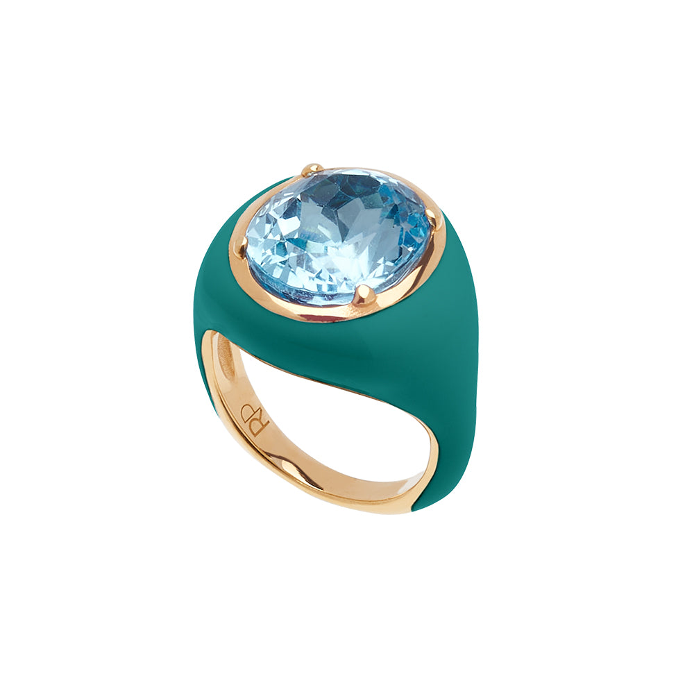 Anello Mon Chevalier - Smalto verde e pietra Topazio Azzurro