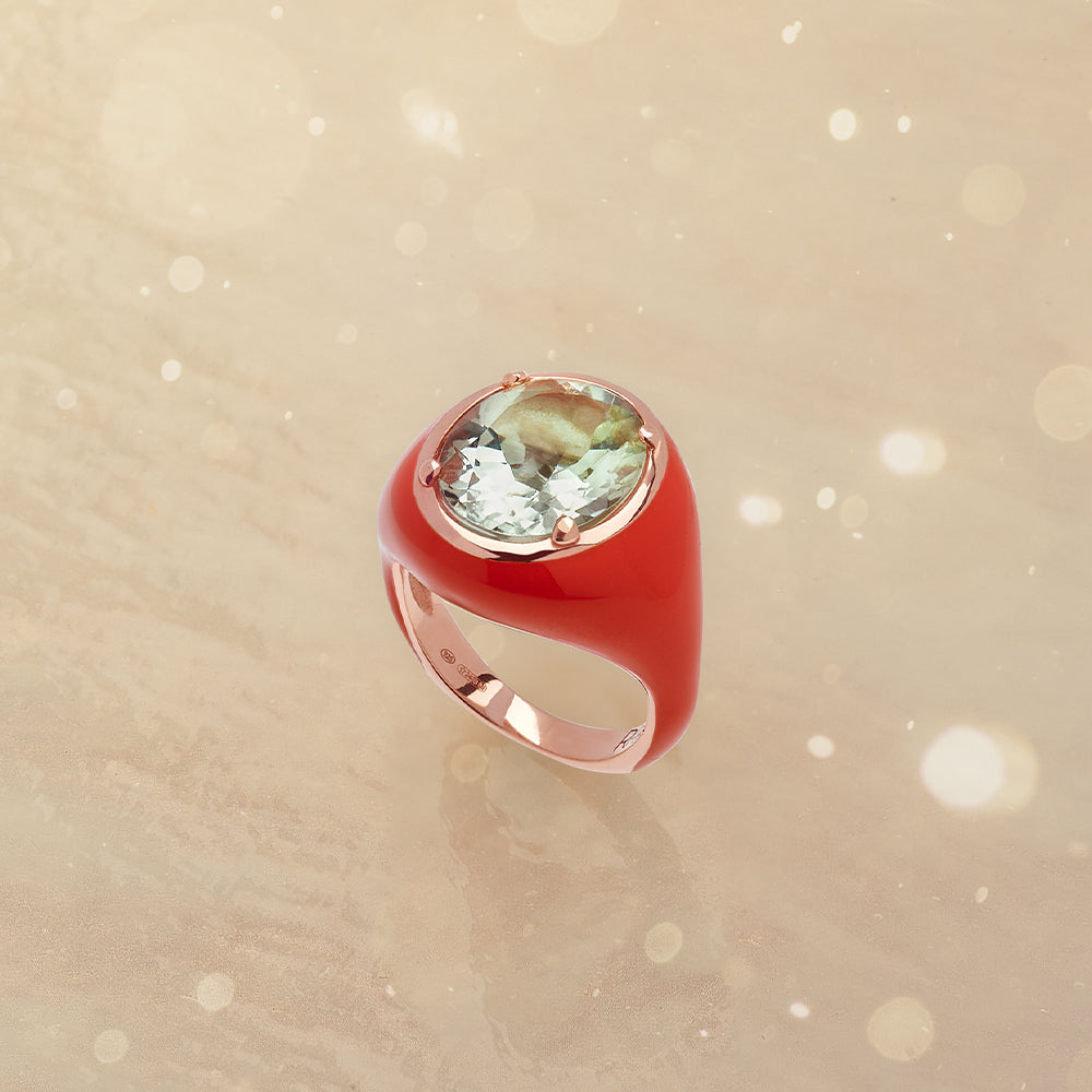 Anello Mon Chevalier - Smalto rosso corallo e pietra Ametista Verde