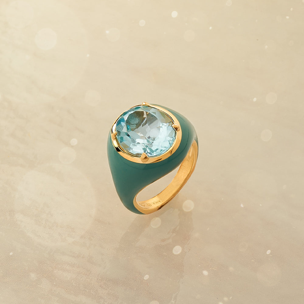 Anello Mon Chevalier - Smalto verde e pietra Topazio Azzurro